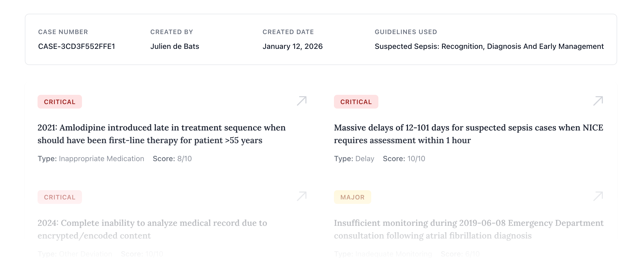 MedCase AI findings dashboard showing compliance analysis results